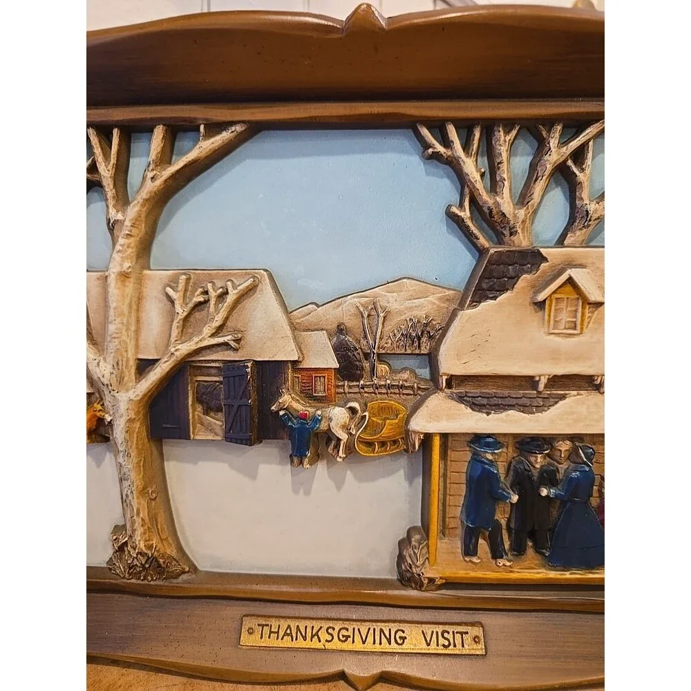 Vintage 1960s Syroco Wall Plaque Thanksgiving Visit 3D Farmhouse Cottagecore 14